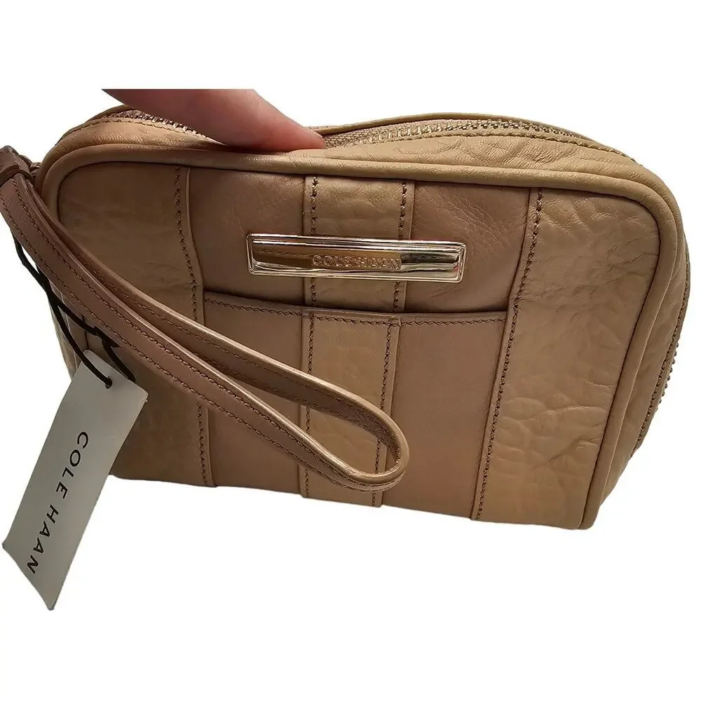 Cole Haan Wristlet Bag Zip Around Purse Leather Neutral Classic Timeless Capsule